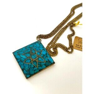 Vintage India MCM Brooch Mosaic Turquoise Inlay Brass Tone Pendant Necklace
